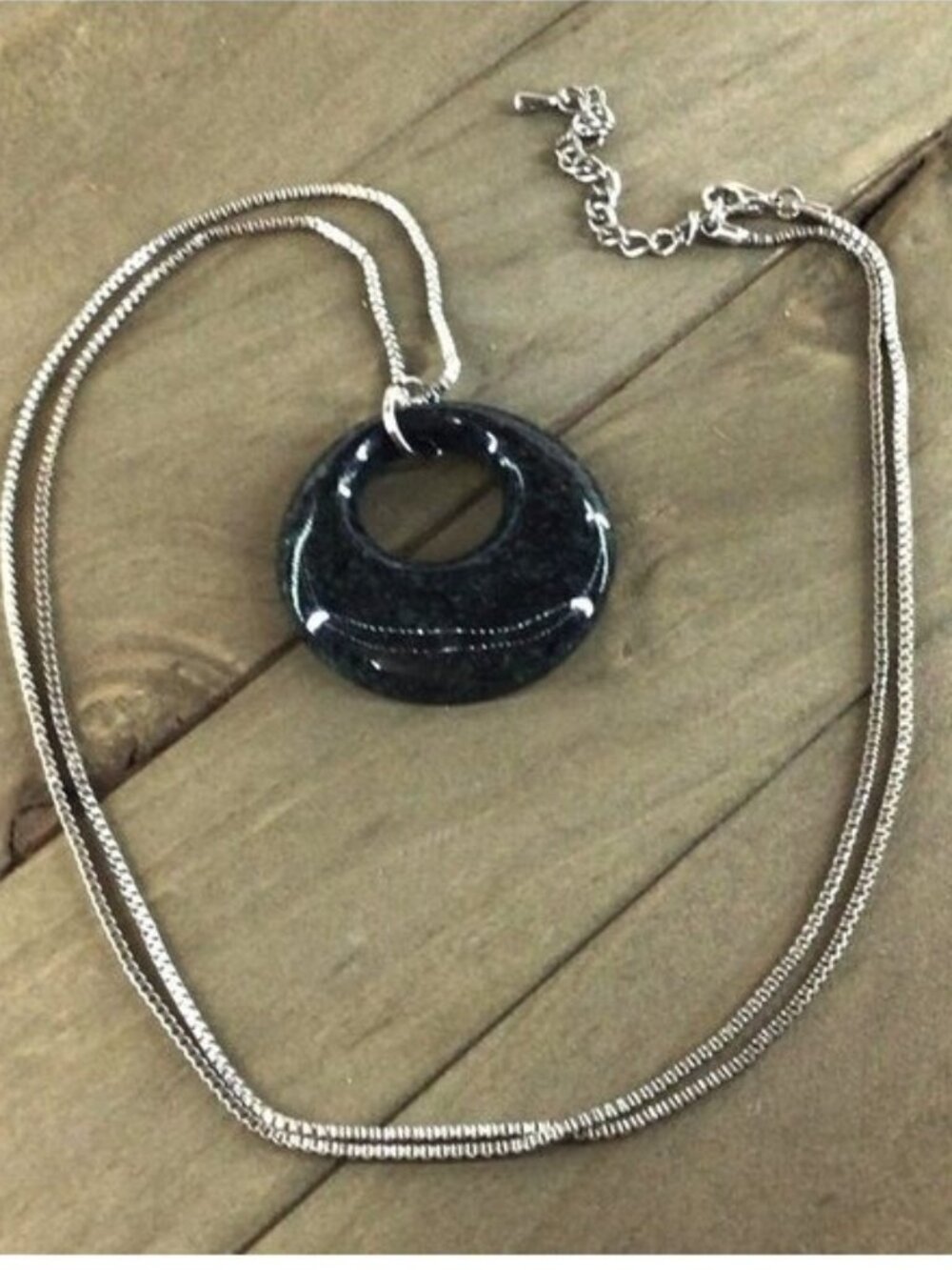 Pendant Necklace Natural Stone Green Jasper Healing Silver Tone Chain 30 Inch